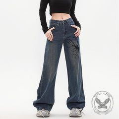 American Street Hip-Hop Spider Print Wide-Leg Jeans
