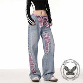 American Street Plaid Patch Straight-Leg Baggy Jeans
