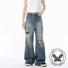 American Style Distressed Dirty-Dyed Wide-Leg Jeans
