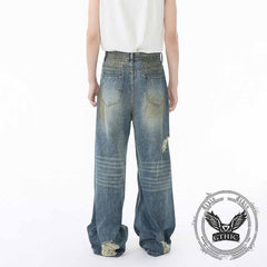 American Style Distressed Dirty-Dyed Wide-Leg Jeans