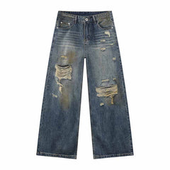 American Style Distressed Dirty-Dyed Wide-Leg Jeans