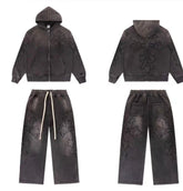 Vale Forever Vintage Gothic Cross Zip-Up Hoodie & Sweatpants Set - Charcoal / Washed Black