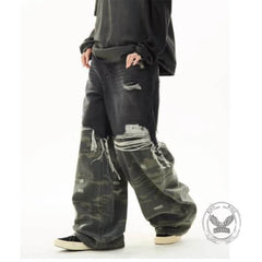 Casual Double-Layered Camouflage Ripped Wide-Leg Baggy Jeans