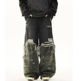 Casual Double-Layered Camouflage Ripped Wide-Leg Baggy Jeans