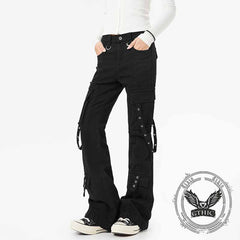 Dark Y2K Strap Design Flared Multi-Pocket Casual Pants
