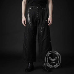 Deconstructed Snake Print Leather Spliced Rivet Jeans