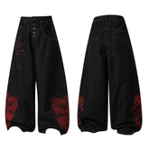 CapCabin Dragon Embroidered Wide-Leg Denim Pants