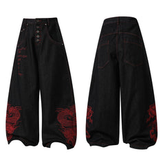 CapCabin Dragon Embroidered Wide-Leg Denim Pants