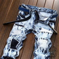Fashionable Embroidered Ripped Colorblock Straight Jeans