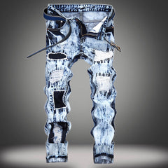 Fashionable Embroidered Ripped Colorblock Straight Jeans