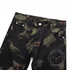 Gothic Black Print Straight Stretch Jeans
