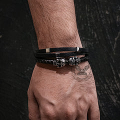 Gothic Double Skull Stainless Steel Leather Bracelet