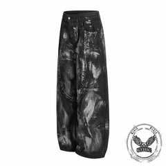 Hip-Hop Rivets Paint Splatters Design Wide-Leg Jeans