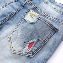 Light Ripped Stretch Motorcycle Straight Jeans