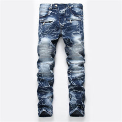 Nostalgia Pleated Elastic Motorcycle Straight Jeans