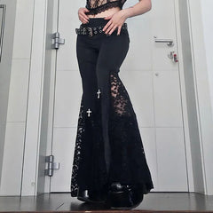 Punk Cross Decoration High-Rise Lace Hollow Flared Pants