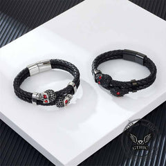 Punk Double Skull Stainless Steel Leather Bracelet