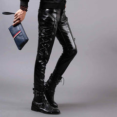Punk Lace-Up Design Slim Fit PU Patchwork Pants