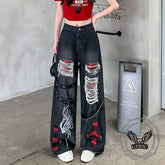 Punk Ripped Skull Hand Print Cross Patch Baggy Jeans