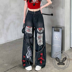 Punk Ripped Skull Hand Print Cross Patch Baggy Jeans