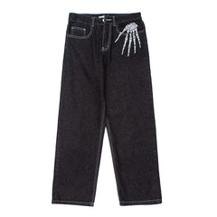 Punk Skull Hand Bones Cotton Straight Leg Pants
