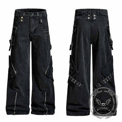 Punk Strappy Zipper Design Multi-Pocket Baggy Jeans