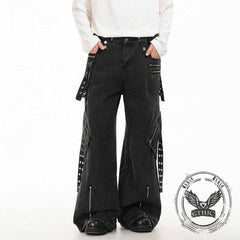 Punk Strappy Zipper Design Multi-Pocket Baggy Jeans