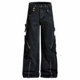 Punk Strappy Zipper Design Multi-Pocket Baggy Jeans