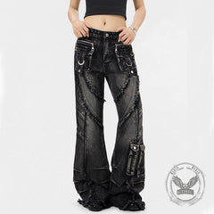Punk Y2K Style Washed Raw Edge Flared Jeans