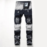 Retro Colorblock Zipper Design Elastic Ripped Jeans