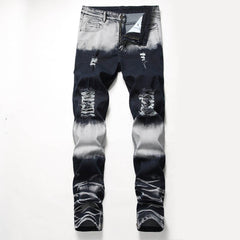 Retro Colorblock Zipper Design Elastic Ripped Jeans