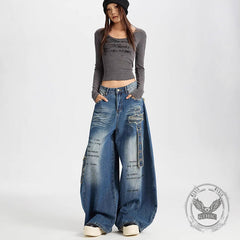 Retro Hip-Hop Rivets Patches Loose Scimitar Jeans