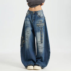 Retro Hip-Hop Rivets Patches Loose Scimitar Jeans