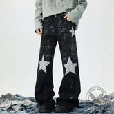 Retro Rhinestone Star Denim Hip-Hop Distressed Flared Pants