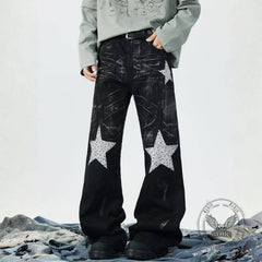 Retro Rhinestone Star Denim Hip-Hop Distressed Flared Pants