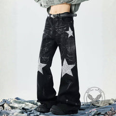 Retro Rhinestone Star Denim Hip-Hop Distressed Flared Pants