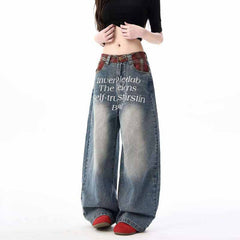 Street Letter Print Plaid Design Straight-Leg Jeans