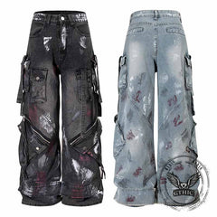 Street Multi-Pocket Deconstructed Graffiti Loose Jeans