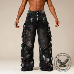 Street Multi-Pocket Deconstructed Graffiti Loose Jeans