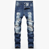 Street Retro Blue Button Ripped Straight Jeans