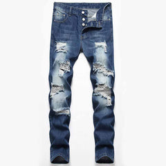 Street Retro Blue Button Ripped Straight Jeans