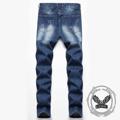 Street Retro Blue Button Ripped Straight Jeans