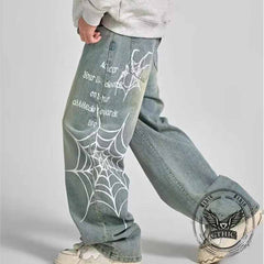 Street Style Spider Web Print Wide-Leg Baggy Jeans