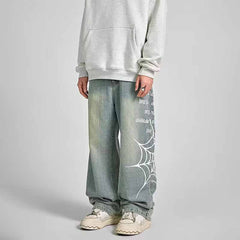 Street Style Spider Web Print Wide-Leg Baggy Jeans