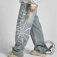 Street Style Spider Web Print Wide-Leg Baggy Jeans