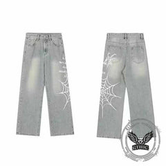 Street Style Spider Web Print Wide-Leg Baggy Jeans