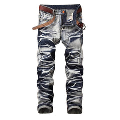 Vintage Distressed Biker Pleated Straight Jeans