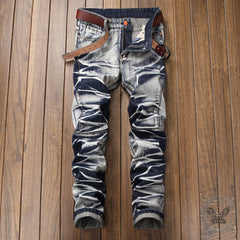 Vintage Distressed Biker Pleated Straight Jeans