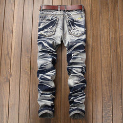 Vintage Distressed Biker Pleated Straight Jeans