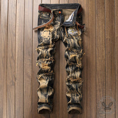 Vintage Ripped Tiger Head Embroidered Straight Jeans